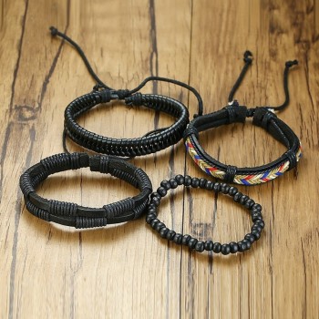 Vnox 4Pcs/ Set Braided Leather Bracelets for Men Women Vintage Wooden Beaded Wrap Bracelet Wood Beads Bangle Size Adjustable