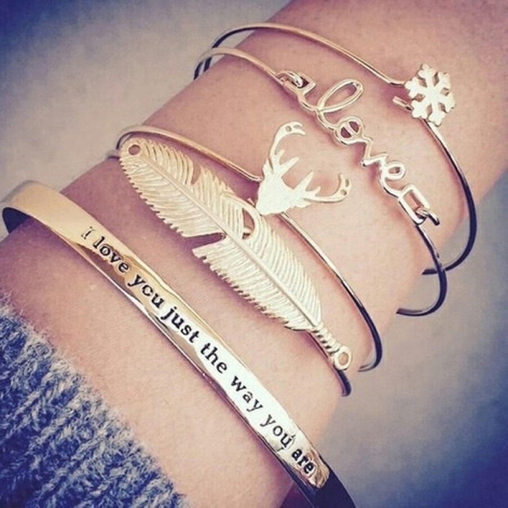 18 Styles Women Fashion Bow Leaves Cat Bangle Crystal Love Leather Pineapple Feather Open Bracelet Bohemian Accessories