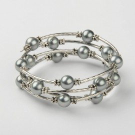 Shell Pearl Round Beads Wrap Bracelets, with Brass Tube Beads and Tibetan Style Alloy Spacer Beads, Gray, 52mm,10pcs