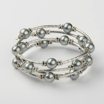 Shell Pearl Round Beads Wrap Bracelets, with Brass Tube Beads and Tibetan Style Alloy Spacer Beads, Gray, 52mm,10pcs