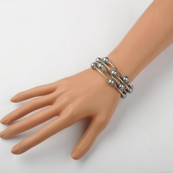 Shell Pearl Round Beads Wrap Bracelets, with Brass Tube Beads and Tibetan Style Alloy Spacer Beads, Gray, 52mm,10pcs