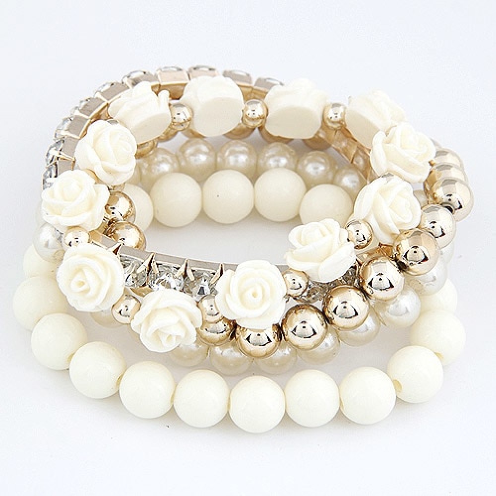 LEMOER Bohemian Fashion Candy Color Pearl Rose Flower Multilayer Beads Stretch Charm Bracelet amp; Bangle For Women pulseras mujer
