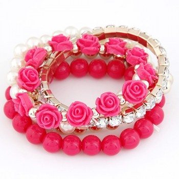 LEMOER Bohemian Fashion Candy Color Pearl Rose Flower Multilayer Beads Stretch Charm Bracelet amp; Bangle For Women pulseras mujer