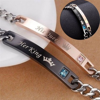 2pc/Set Romantic His Queen Her King Couple Bracelets Stainless Steel Matching Wristband Lovers Bracelet Crown Charm Bracelet
