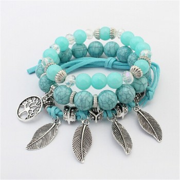 ZOSHI 2018 brand Fashion Vintage Ethnic Elasticity Marble beads Bracelet Boho Statement Leaves Bangle amp; Bracelet Women Jewelry