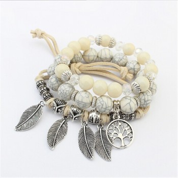 ZOSHI 2018 brand Fashion Vintage Ethnic Elasticity Marble beads Bracelet Boho Statement Leaves Bangle amp; Bracelet Women Jewelry