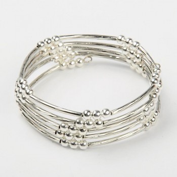 40pcs Unisex Memory Wire Wrap Bracelets Silver Color with Brass Tube Beads and Iron Spacer Beads, 55mm