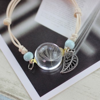 LKO new Glass Bracelet Weave Lucky Flower Bracelets Handmade Dandelion Woven Dried Flowers Glass Beads Bracelet Women Jewelry