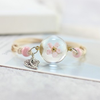 LKO new Glass Bracelet Weave Lucky Flower Bracelets Handmade Dandelion Woven Dried Flowers Glass Beads Bracelet Women Jewelry