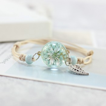 LKO new Glass Bracelet Weave Lucky Flower Bracelets Handmade Dandelion Woven Dried Flowers Glass Beads Bracelet Women Jewelry