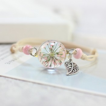 LKO new Glass Bracelet Weave Lucky Flower Bracelets Handmade Dandelion Woven Dried Flowers Glass Beads Bracelet Women Jewelry