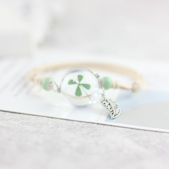 LKO new Glass Bracelet Weave Lucky Flower Bracelets Handmade Dandelion Woven Dried Flowers Glass Beads Bracelet Women Jewelry