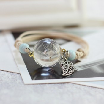 LKO new Glass Bracelet Weave Lucky Flower Bracelets Handmade Dandelion Woven Dried Flowers Glass Beads Bracelet Women Jewelry