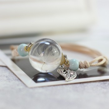 LKO new Glass Bracelet Weave Lucky Flower Bracelets Handmade Dandelion Woven Dried Flowers Glass Beads Bracelet Women Jewelry