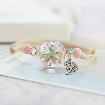 LKO new Glass Bracelet Weave Lucky Flower Bracelets Handmade Dandelion Woven Dried Flowers Glass Beads Bracelet Women Jewelry