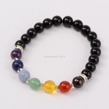 10pcs Rope Natural Gem Stone Strand Bracelets Tiger Eyd Black Stone Stretch Chakra Bracelets Gift for Men Women 55mm