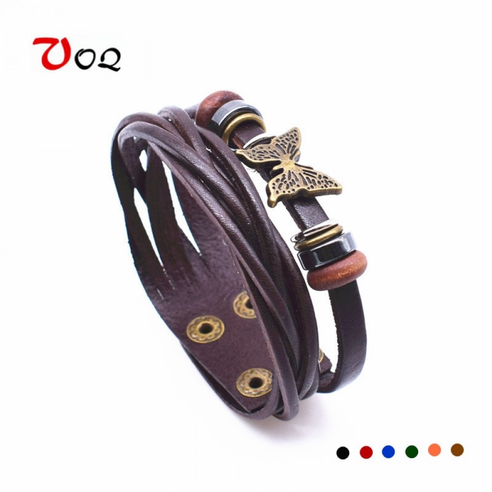 VOQ Fashion Ladies Butterfly Bracelet Leather Wrap Bracelet Double Button Bracelet Jewelry