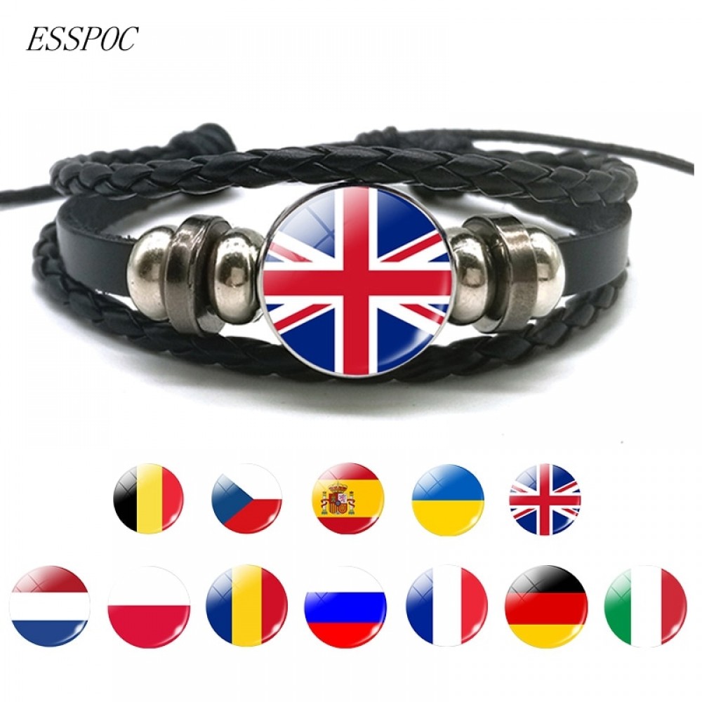 Europe Country UK Flag France Italy Spain Poland.Netherlands Russia Ireland Flag Black Rope Braided Leather Bracelet for Men