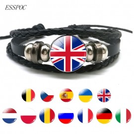 Europe Country UK Flag France Italy Spain Poland.Netherlands Russia Ireland Flag Black Rope Braided Leather Bracelet for Men