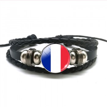 Europe Country UK Flag France Italy Spain Poland.Netherlands Russia Ireland Flag Black Rope Braided Leather Bracelet for Men