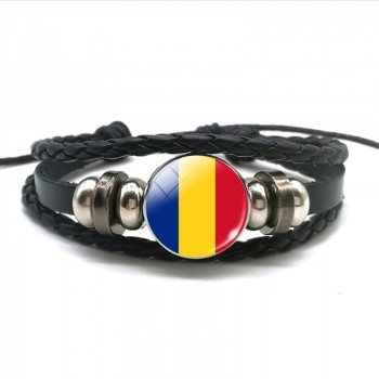 Europe Country UK Flag France Italy Spain Poland.Netherlands Russia Ireland Flag Black Rope Braided Leather Bracelet for Men