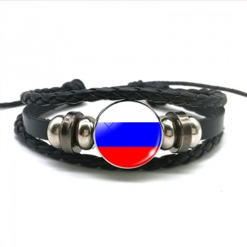 Europe Country UK Flag France Italy Spain Poland.Netherlands Russia Ireland Flag Black Rope Braided Leather Bracelet for Men