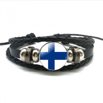 Europe Country UK Flag France Italy Spain Poland.Netherlands Russia Ireland Flag Black Rope Braided Leather Bracelet for Men