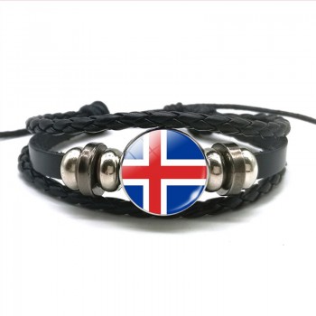 Europe Country UK Flag France Italy Spain Poland.Netherlands Russia Ireland Flag Black Rope Braided Leather Bracelet for Men