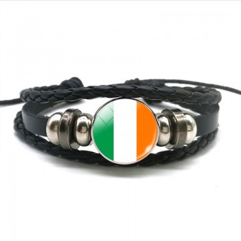 Europe Country UK Flag France Italy Spain Poland.Netherlands Russia Ireland Flag Black Rope Braided Leather Bracelet for Men