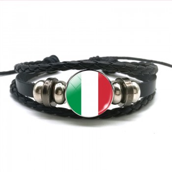 Europe Country UK Flag France Italy Spain Poland.Netherlands Russia Ireland Flag Black Rope Braided Leather Bracelet for Men