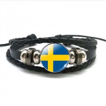 Europe Country UK Flag France Italy Spain Poland.Netherlands Russia Ireland Flag Black Rope Braided Leather Bracelet for Men