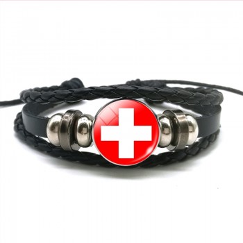 Europe Country UK Flag France Italy Spain Poland.Netherlands Russia Ireland Flag Black Rope Braided Leather Bracelet for Men