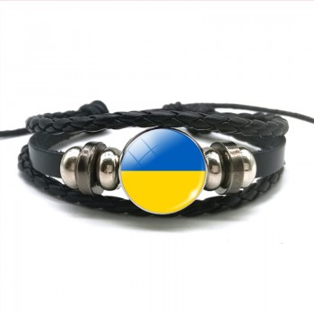 Europe Country UK Flag France Italy Spain Poland.Netherlands Russia Ireland Flag Black Rope Braided Leather Bracelet for Men