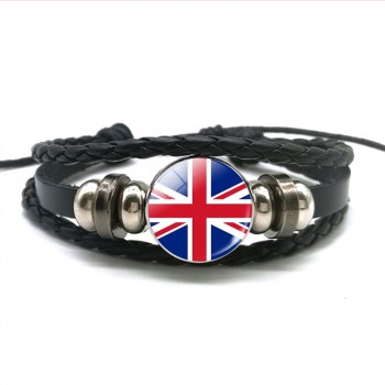 Europe Country UK Flag France Italy Spain Poland.Netherlands Russia Ireland Flag Black Rope Braided Leather Bracelet for Men