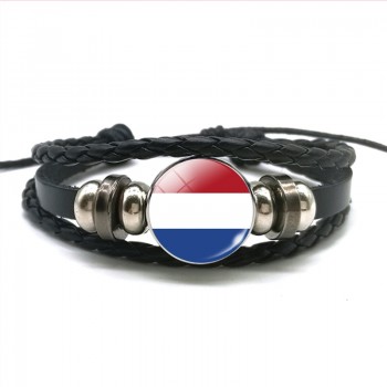 Europe Country UK Flag France Italy Spain Poland.Netherlands Russia Ireland Flag Black Rope Braided Leather Bracelet for Men