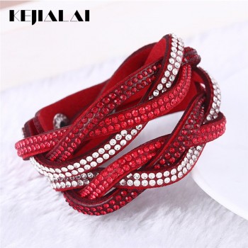Kejialai Multi Rows CZ Women Wrap Charm Bracelet Leather Rope Bracelets With Crystal Fashion Jewelry Female Rope Chain KJL019