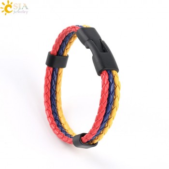 CSJA Men amp; Women PU Leather Braided Colombia France Germany Hungary Spain Nations Country Flag Bracelets Hand Jewelry Gift P044