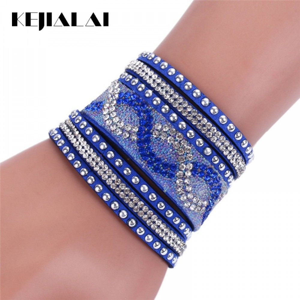 Kejialai New Fashion Multi Rows Crystal Bracelet Women Charm Leather Bracelets Wide Rope Chain Accessories Ethnic KJL020