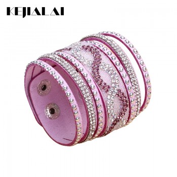 Kejialai New Fashion Multi Rows Crystal Bracelet Women Charm Leather Bracelets Wide Rope Chain Accessories Ethnic KJL020