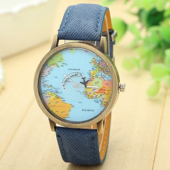 2018 Fashion Global Travel By Plane Map Denim Fabric Band wristwatch Bracelet Women wristwatches Quartz Feminino Bangles Jewelry