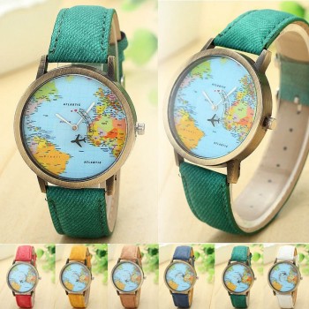 2018 Fashion Global Travel By Plane Map Denim Fabric Band wristwatch Bracelet Women wristwatches Quartz Feminino Bangles Jewelry