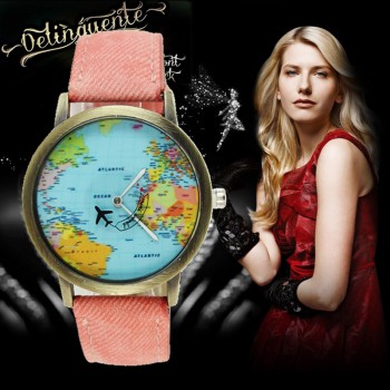 2018 Fashion Global Travel By Plane Map Denim Fabric Band wristwatch Bracelet Women wristwatches Quartz Feminino Bangles Jewelry