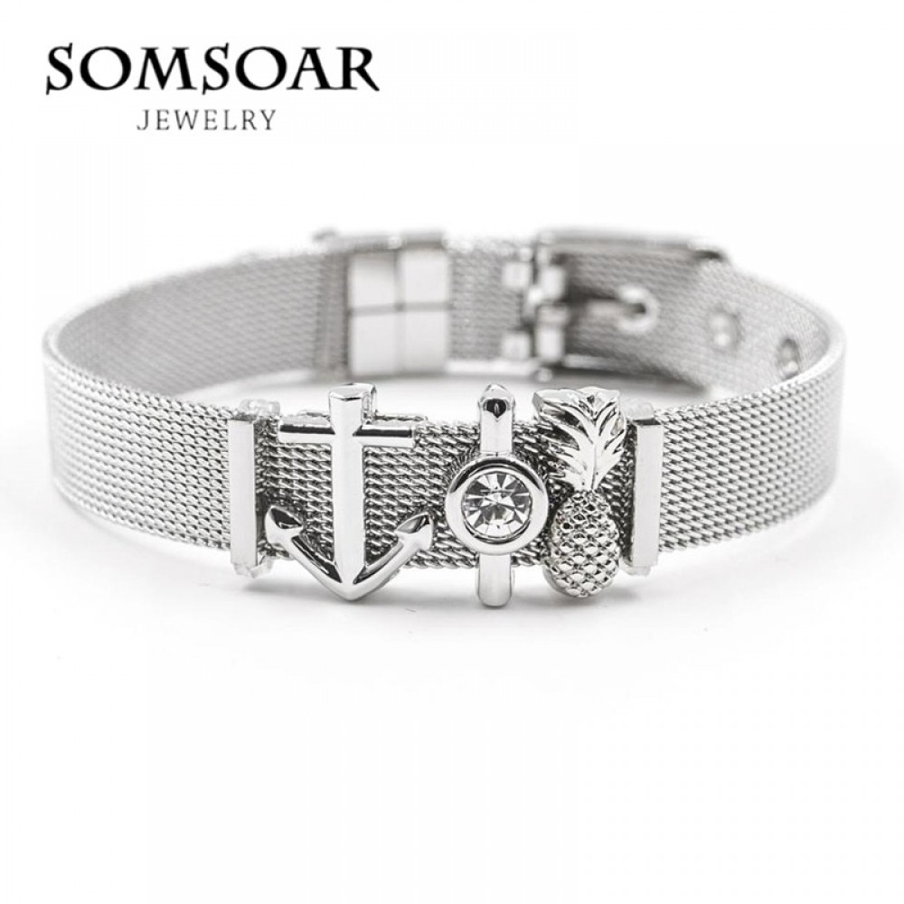 Dropshipping Somsoar Jewelry Silver Stainless Steel Mesh Charms Bracelet Set with Rubber preventer and hot selling DIY Charms