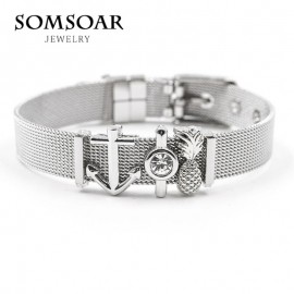 Dropshipping Somsoar Jewelry Silver Stainless Steel Mesh Charms Bracelet Set with Rubber preventer and hot selling DIY Charms