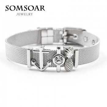 Dropshipping Somsoar Jewelry Silver Stainless Steel Mesh Charms Bracelet Set with Rubber preventer and hot selling DIY Charms