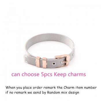 Dropshipping Somsoar Jewelry Silver Stainless Steel Mesh Charms Bracelet Set with Rubber preventer and hot selling DIY Charms