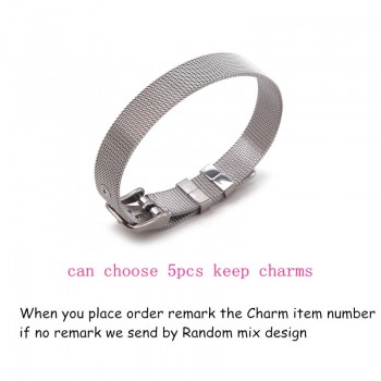 Dropshipping Somsoar Jewelry Silver Stainless Steel Mesh Charms Bracelet Set with Rubber preventer and hot selling DIY Charms