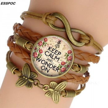 Womens Fashion Brown Leather Bracelets Alice In Wonderland Quote Print Glass Cabochon Bracelet Bangle Women Fashion Accessories