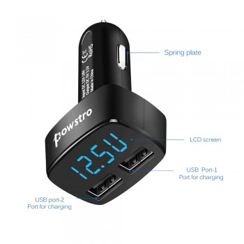 Powstro LED Display Dual USB Car Charger Adapter 5V 3.1A Voltage Current Temperature Monitor Tester Universal For iPhone Android