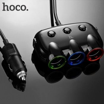 HOCO Three in One Car Charger Double USB Port Dual for iPhone iPad Samsung Xiaomi Phone Tee Adapter 2 USB 3.1A Car-charger
